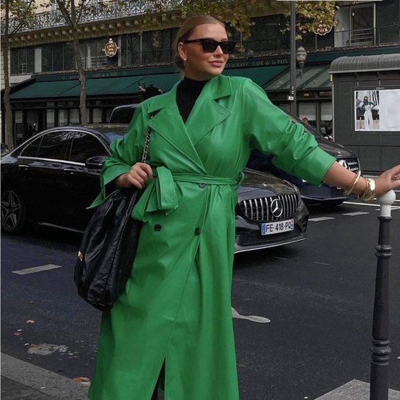 NWT NA-KD Faux Leather Green Coat Padded Shoulder PU Trench Belt Vegan - Picture 4 of 4